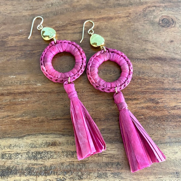 Raffia Earrings Tassel Earrings Crochet Circle Earrings Pink Statement Earrings Handmade Earrings Paper Earrings Beachy Boho Earrings