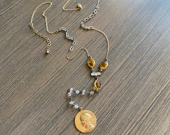 Assemblage Necklace OOAK Necklace Y Necklace Rosary Necklace Topaz Glass Necklace Coin Charm Necklace Statement Necklace Handmade Necklace