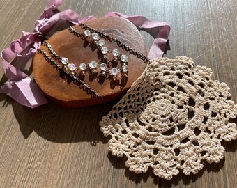 Doily Necklace Vintage Necklace Crochet Pendant Necklace Layered Necklace Crystal Beaded Necklace Handmade Necklace Ribbon Tie Necklace OOAK