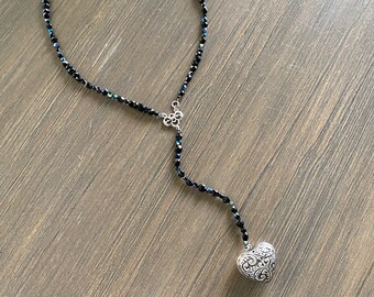Puff Heart Necklace Vintage Beaded Y Necklace Jet Black Statement Necklace OOAK Assemblage Necklace Handmade Romantic Silver Heart Necklace