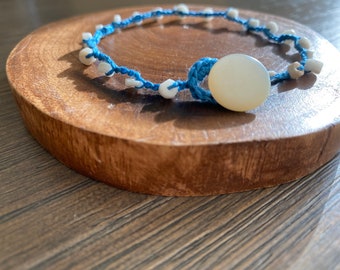 Crochet Anklet Vintage Shell Jewelry Artisan Boho Beach Jewelry Handmade Island Girl Anklet Dainty Summer Blue Anklet