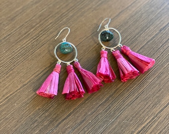 Raffia Pink Tassel Earrings African Turquoise Chandelier Earrings Vintage Gemstone Statement Earrings OOAK Handmade Silver Summer Earrings