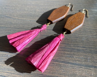 Raffia Earrings Tassel Earrings Vintage Wood Earrings Bohemian Earrings Statement Earrings Hippie Bead Earrings Beachy Boho Earrings