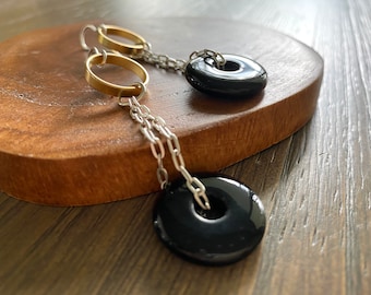 Jet Black Donut Earrings Vintage Glass Ring Dangle Sterling Silver Chain Earrings