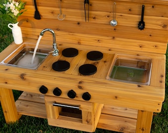 Centered Simple Mud Kitchen with Oven (Clear Sinks) | Outdoor Pretend Kitchen | Kids Kitchen | Wooden Toy | Sensory Table Play Kitchen
