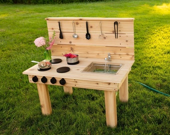 Cedar Mud Kitchen | Handmade Mud Kitchen for Kids | Sensory Table | Outdoor Pretend Kitchen Working Sink | Montessori Kids | Backyard Toy