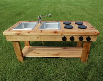 Simple Mud Kitchen with Shelf | Outdoor Pretend Kitchen with Working Sink | Montessori Kids Kitchen | Backyard Wooden Toy | Sensory Table |