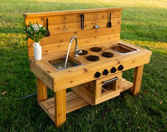 Centered Simple Mud Kitchen with Oven (Clear Sinks) | Outdoor Pretend Kitchen | Kids Kitchen | Wooden Toy | Sensory Table Play Kitchen