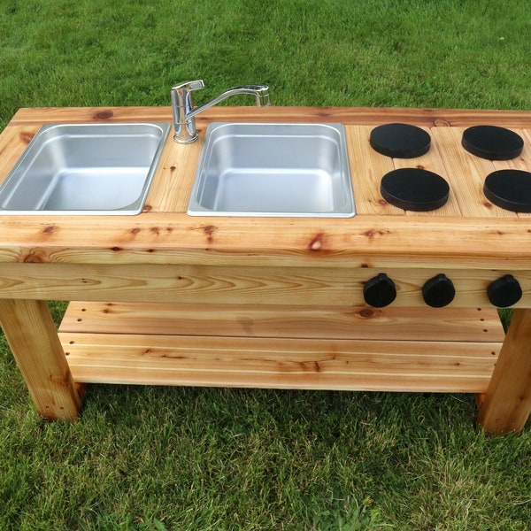 Simple Mud Kitchen with Shelf | Outdoor Pretend Kitchen with Working Sink | Montessori Kids Kitchen | Backyard Wooden Toy | Sensory Table |