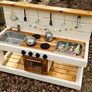 Centered Oven Mud Kitchen with Working Faucet | Cedar Play Kitchen for Toddlers and Kids| Sensory Play | Sand Water Table | Montessori