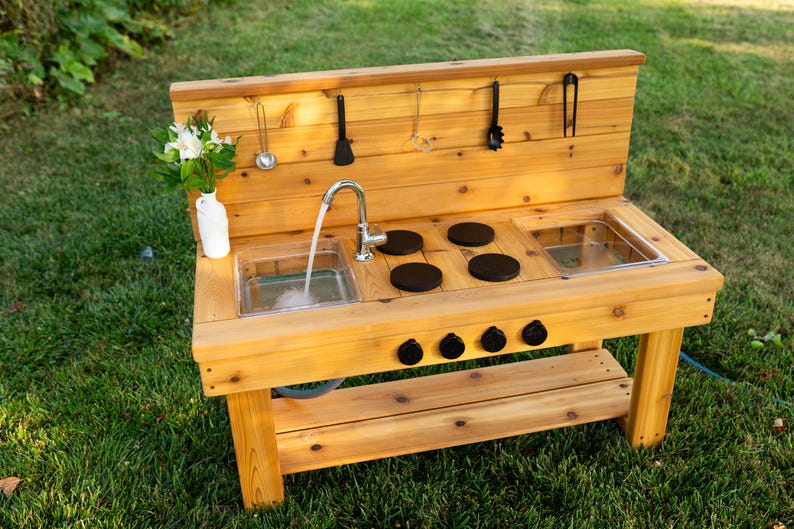 Centered Simple Mud Kitchen with Backsplash | Outdoor Pretend Kitchen & Working Sink | Montessori Kids | Backyard Wooden Toy | Sensory Table image 1