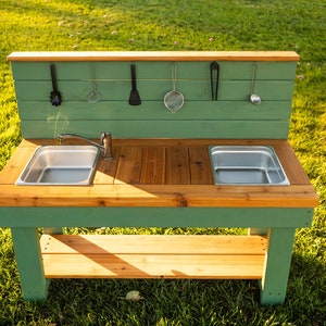 Painted Centered Mud Kitchen with Backsplash | Outdoor Pretend Kitchen & Working Sink | Montessori Kids | Backyard Wooden Toy Sensory Table