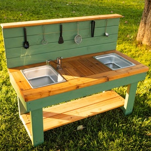 Painted Centered Mud Kitchen with Backsplash | Outdoor Pretend Kitchen & Working Sink | Montessori Kids | Backyard Wooden Toy Sensory Table