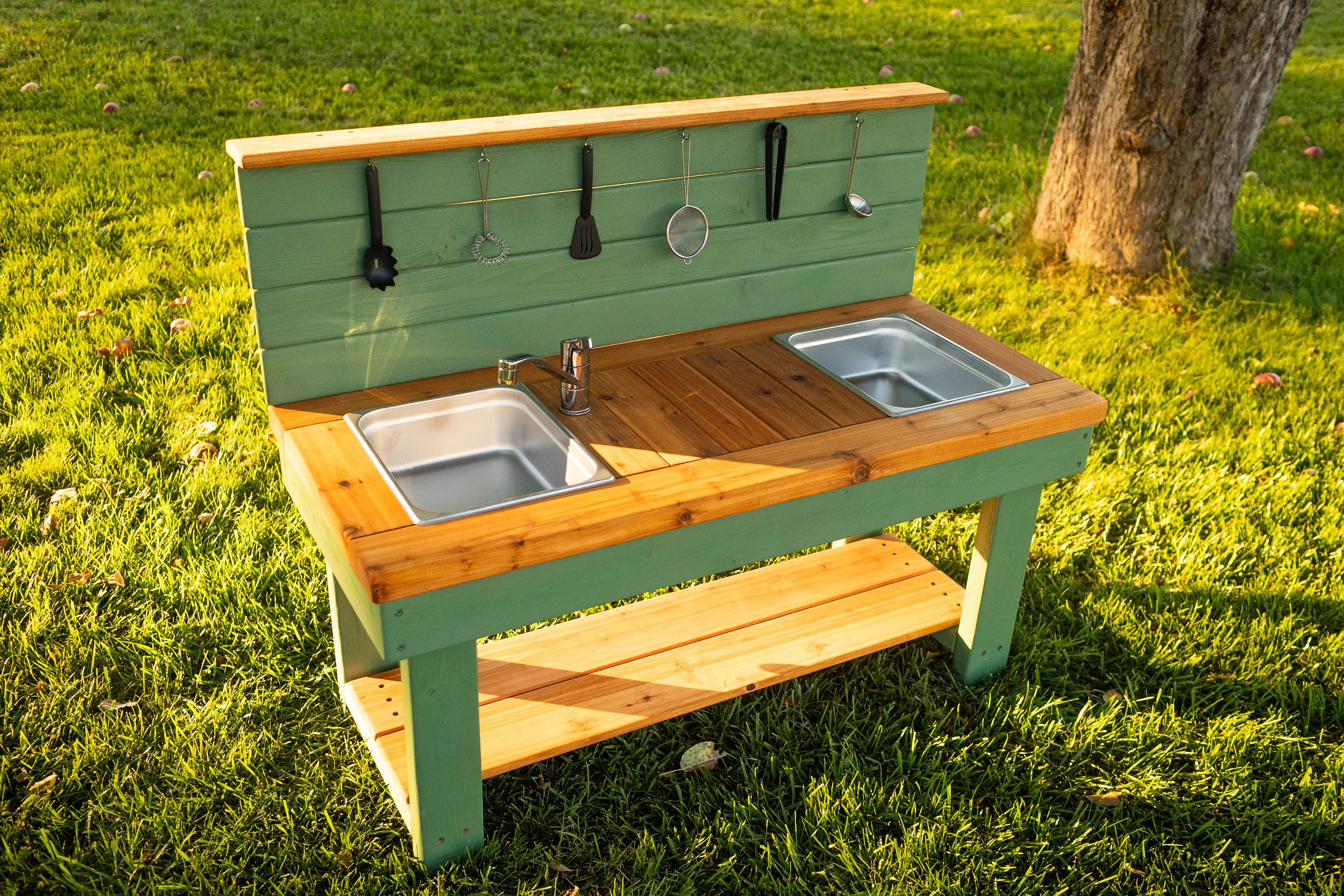 Painted Centered Mud Kitchen with Backsplash | Outdoor Pretend Kitchen & Working Sink | Montessori Kids | Backyard Wooden Toy Sensory Table