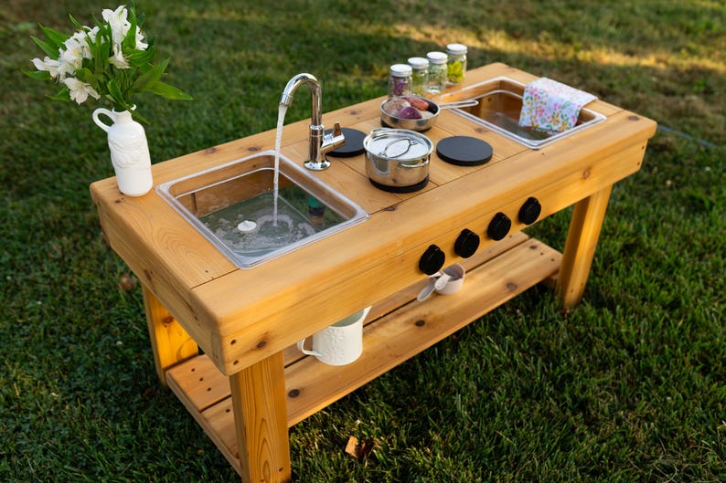 Centered Simple Mud Kitchen (Clear Sinks) | Outdoor Pretend Kitchen | Montessori Kids Kitchen | Wooden Toy | Sensory Table | Play Kitchen