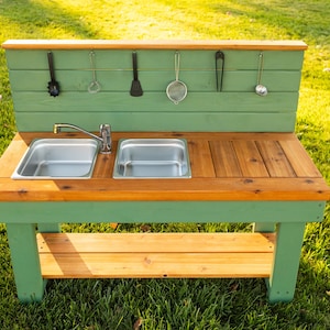 Painted Mud Kitchen with Backsplash | Outdoor Pretend Kitchen & Working Sink | Montessori Kids | Backyard Wooden Toy Sensory Table