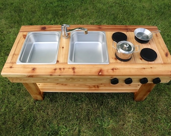Simple Mud Kitchen with Shelf | Outdoor Pretend Kitchen with Working Sink | Montessori Kids Kitchen | Backyard Wooden Toy | Sensory Table |