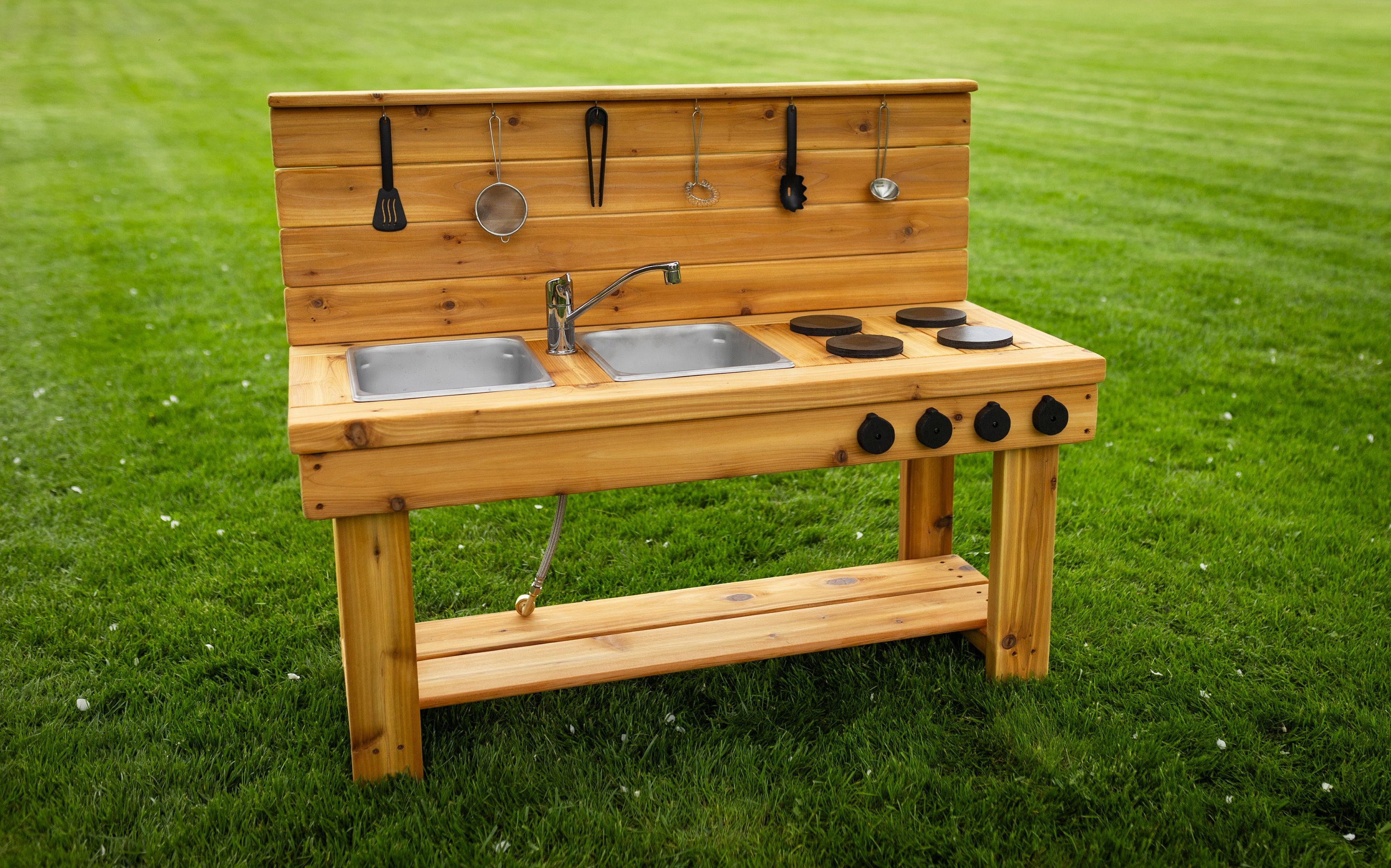 Simple Mud Kitchen With Backsplash (left)| Outdoor Pretend Kitchen
