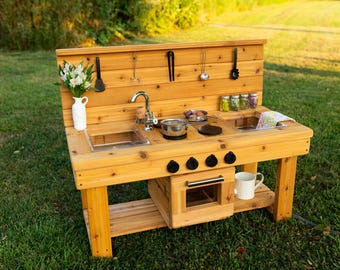 Centered Simple Mud Kitchen with Oven (Clear Sinks) | Outdoor Pretend Kitchen | Kids Kitchen | Wooden Toy | Sensory Table Play Kitchen