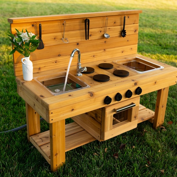 Centered Working Sink Mud Kitchen with Oven | Cedar Play Kitchen for Toddlers and Kids | Sensory Play | Sand Water Table | Montessori