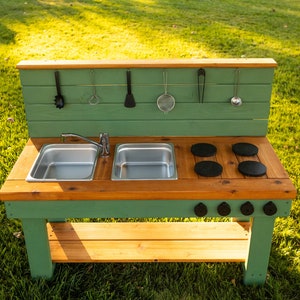 Painted Mud Kitchen with Backsplash | Outdoor Pretend Kitchen & Working Sink | Montessori Kids | Backyard Wooden Toy Sensory Table