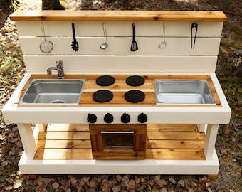 Centered Oven Mud Kitchen with Working Faucet | Cedar Play Kitchen for Toddlers and Kids| Sensory Play | Sand Water Table | Montessori