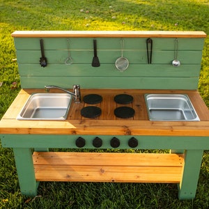 Painted Centered Mud Kitchen with Backsplash | Outdoor Pretend Kitchen & Working Sink | Montessori Kids | Backyard Wooden Toy Sensory Table