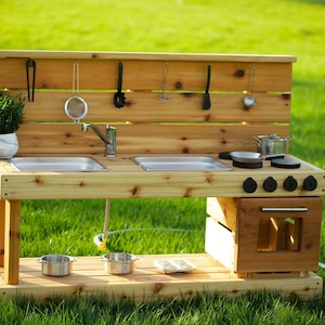 Handmade Wooden Outdoor Play Kitchen | Working Sink and Oven | Mud Table for Toddlers | Outdoor Sensory Play | Montessori Wood Play Table