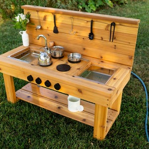 Centered Simple Mud Kitchen with Backsplash | Outdoor Pretend Kitchen & Working Sink | Montessori Kids | Backyard Wooden Toy | Sensory Table image 4