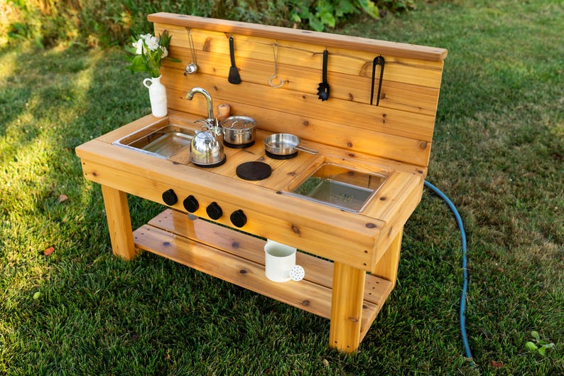 Centered Simple Mud Kitchen with Backsplash | Outdoor Pretend Kitchen & Working Sink | Montessori Kids | Backyard Wooden Toy | Sensory Table image 4