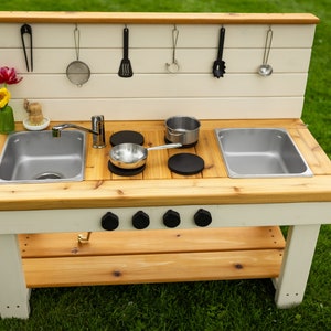 Painted Centered Mud Kitchen with Backsplash | Outdoor Pretend Kitchen & Working Sink | Montessori Kids | Backyard Wooden Toy Sensory Table