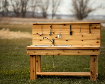 Simple Mud Kitchen with Backsplash (Left)| Outdoor Pretend Kitchen with Working Sink | Montessori Kids | Backyard Wooden Toy | Sensory Table