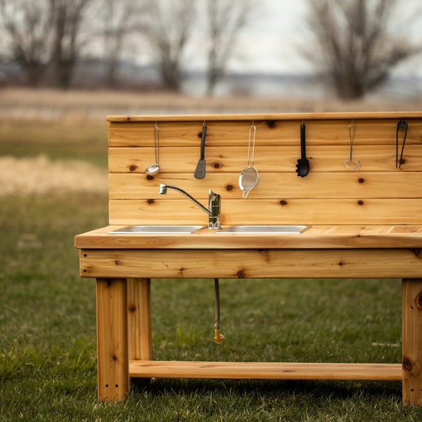 Simple Mud Kitchen with Backsplash (Left)| Outdoor Pretend Kitchen with Working Sink | Montessori Kids | Backyard Wooden Toy | Sensory Table