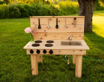 Cedar Mud Kitchen | Handmade Mud Kitchen for Kids | Sensory Table | Outdoor Pretend Kitchen Working Sink | Montessori Kids | Backyard Toy