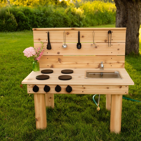 Cedar Mud Kitchen | Handmade Mud Kitchen for Kids | Sensory Table | Outdoor Pretend Kitchen Working Sink | Montessori Kids | Backyard Toy