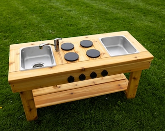 Centered Simple Mud Kitchen | Outdoor Pretend Kitchen | Montessori Kids Kitchen | Backyard Wooden Toy | Sensory Table | Wooden Play Kitchen