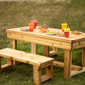 Handmade Kids Harvest Table and Bench | Wooden Montessori Table and Chair | Children&#39;s Activity Table | Indoor Outdoor Cedar Play Table