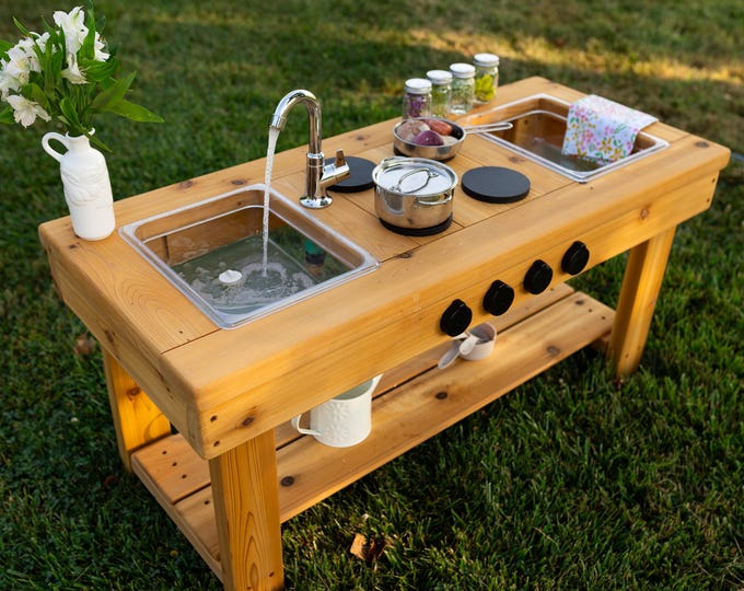 Simple Mud Kitchen with Shelf | Outdoor Pretend Kitchen with Working Sink | Montessori Kids Kitchen | Backyard Wooden Toy | Sensory Table |