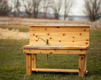 Simple Mud Kitchen with Backsplash (Left)| Outdoor Pretend Kitchen with Working Sink | Montessori Kids | Backyard Wooden Toy | Sensory Table