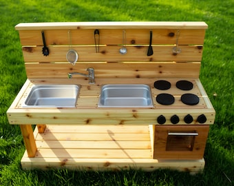 Working Sink Mud Kitchen with Oven | Cedar Play Kitchen for Toddlers and Kids | Handmade | Sensory Play | Sand and Water Table | Montessori
