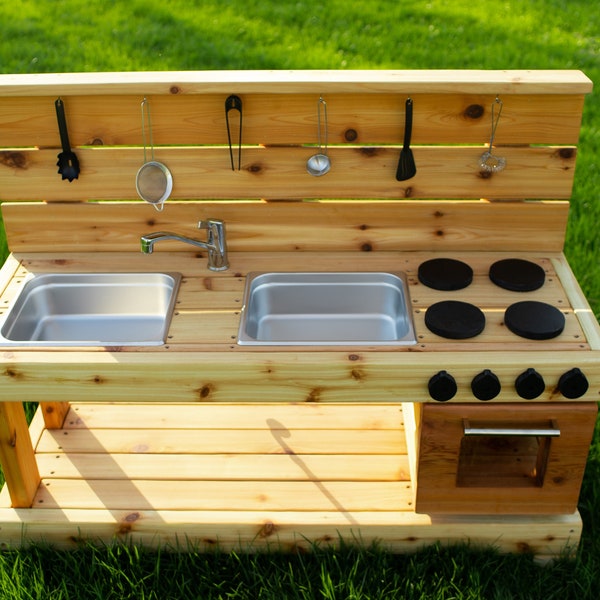 Working Sink Mud Kitchen with Oven | Cedar Play Kitchen for Toddlers and Kids | Handmade | Sensory Play | Sand and Water Table | Montessori