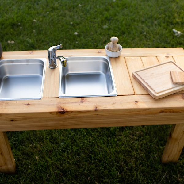 Cuisine de boue simple | Simulation de cuisine d'extérieur avec évier fonctionnel | Cuisine pour enfants Montessori | Jouet en bois pour jardin | Table sensorielle |