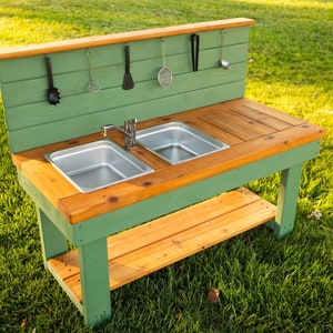 Painted Mud Kitchen with Backsplash | Outdoor Pretend Kitchen & Working Sink | Montessori Kids | Backyard Wooden Toy Sensory Table