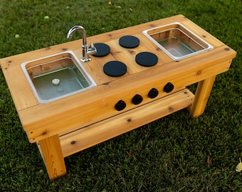 Centered Simple Mud Kitchen (Clear Sinks) | Outdoor Pretend Kitchen | Montessori Kids Kitchen | Wooden Toy | Sensory Table |  Play Kitchen