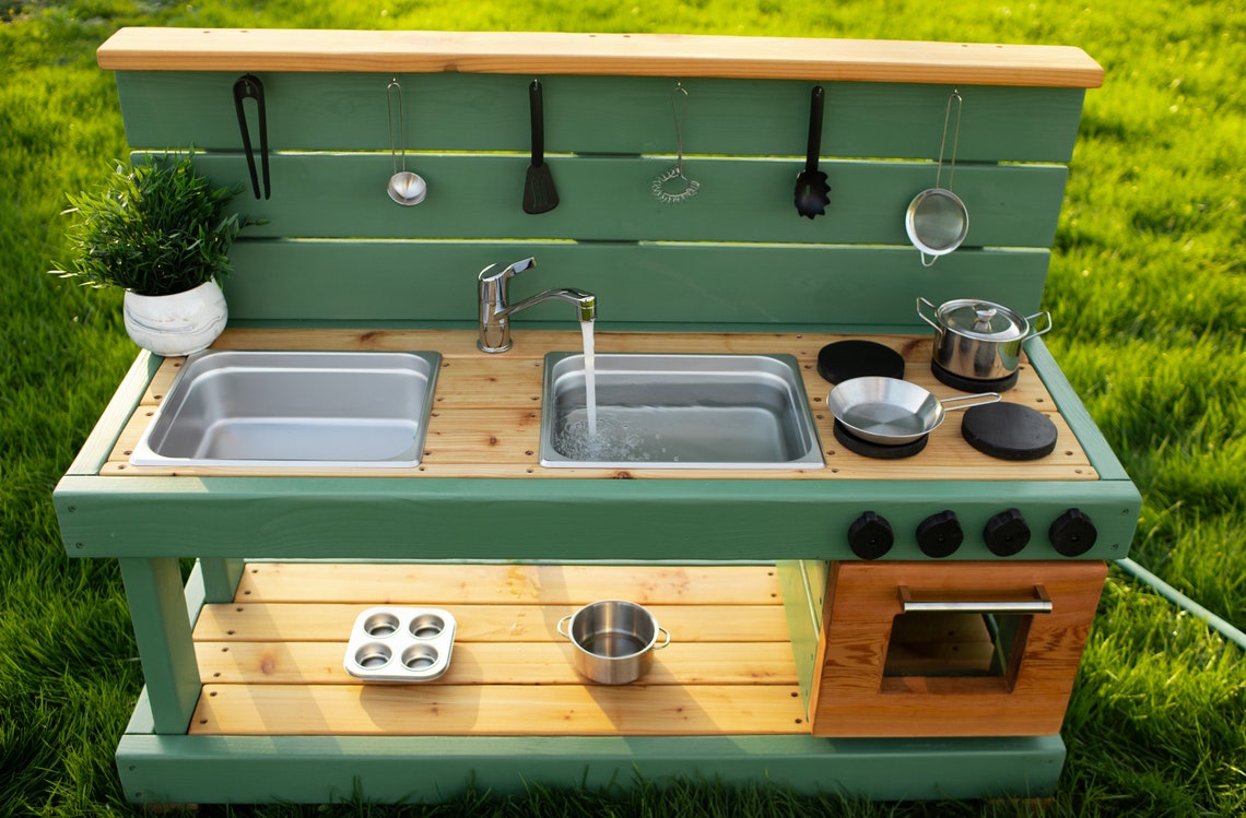 Painted Mud Kitchen with Oven and Working Faucet | Cedar Play Kitchen for Toddlers and Kids| Sensory Play | Sand Water Table | Montessori image 1