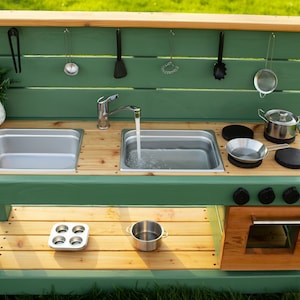 Painted Mud Kitchen with Oven and Working Faucet | Cedar Play Kitchen for Toddlers and Kids| Sensory Play | Sand Water Table | Montessori