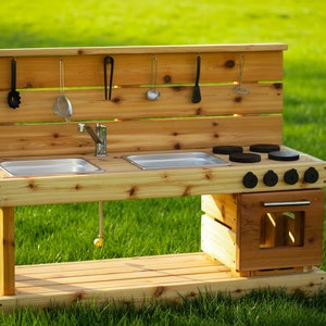 Working Sink Mud Kitchen with Oven | Cedar Play Kitchen for Toddlers and Kids | Handmade | Sensory Play | Sand and Water Table | Montessori