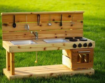 Working Sink Mud Kitchen with Oven | Cedar Play Kitchen for Toddlers and Kids | Handmade | Sensory Play | Sand and Water Table | Montessori