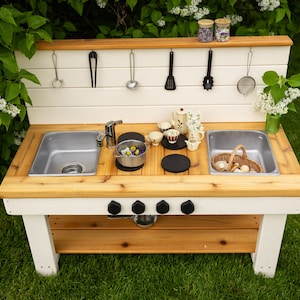 Painted Centered Mud Kitchen with Backsplash | Outdoor Pretend Kitchen & Working Sink | Montessori Kids | Backyard Wooden Toy Sensory Table