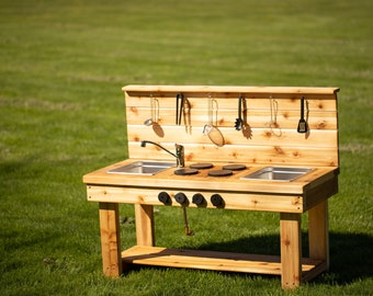 Centered Simple Mud Kitchen with Backsplash | Outdoor Pretend Kitchen & Working Sink | Montessori Kids | Backyard Wooden Toy | Sensory Table